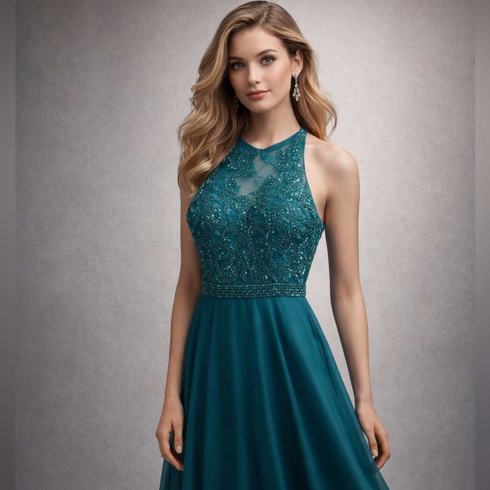 Sherri Hill Teal Lace beaded Bodice formal Dress